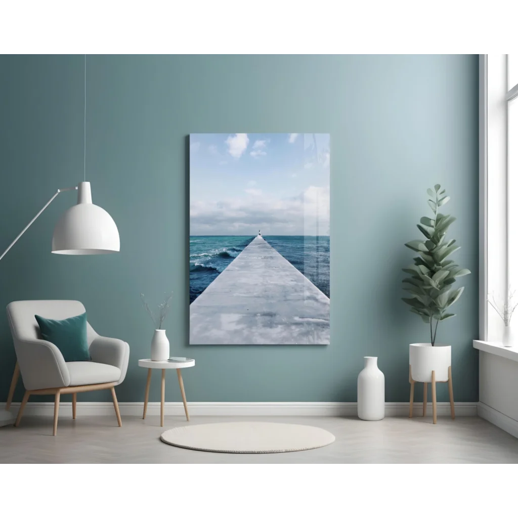 Stunning ocean pier glass wall art canvas print of pier in blue waters