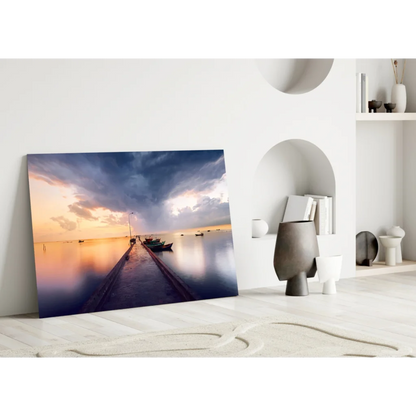 Stunning sunset marina glass wall art with vibrant orange purple sky hues