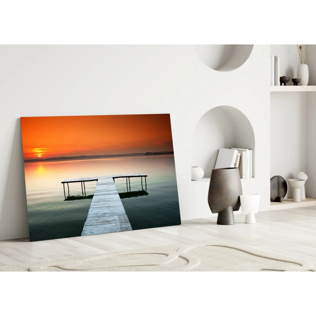 Sunset pier canvas wall art print on calm water