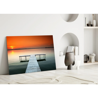 Sunset pier canvas wall art print on calm water