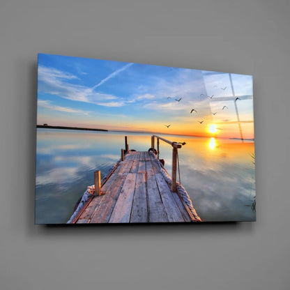 Sunset pier wall art canvas with flying birds over calm water