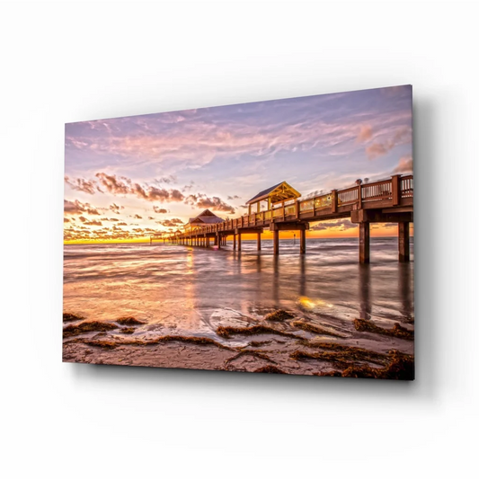 Stunning sunset pier glass wall art canvas print