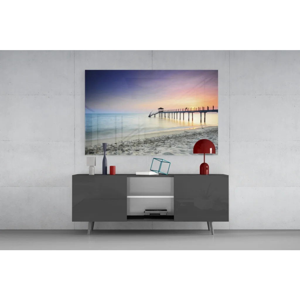 Vibrant sunset pier on sleek glass wall art transforming your space
