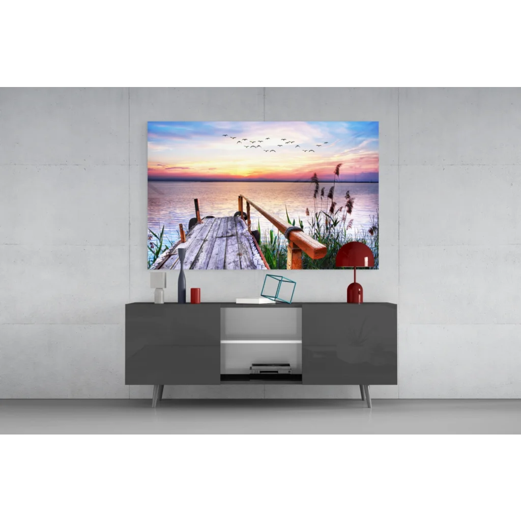 Stunning sunset dock glass wall art with birds in flight