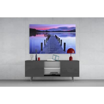 Twilight Pier glass wall art of wooden pier in purple pink skies