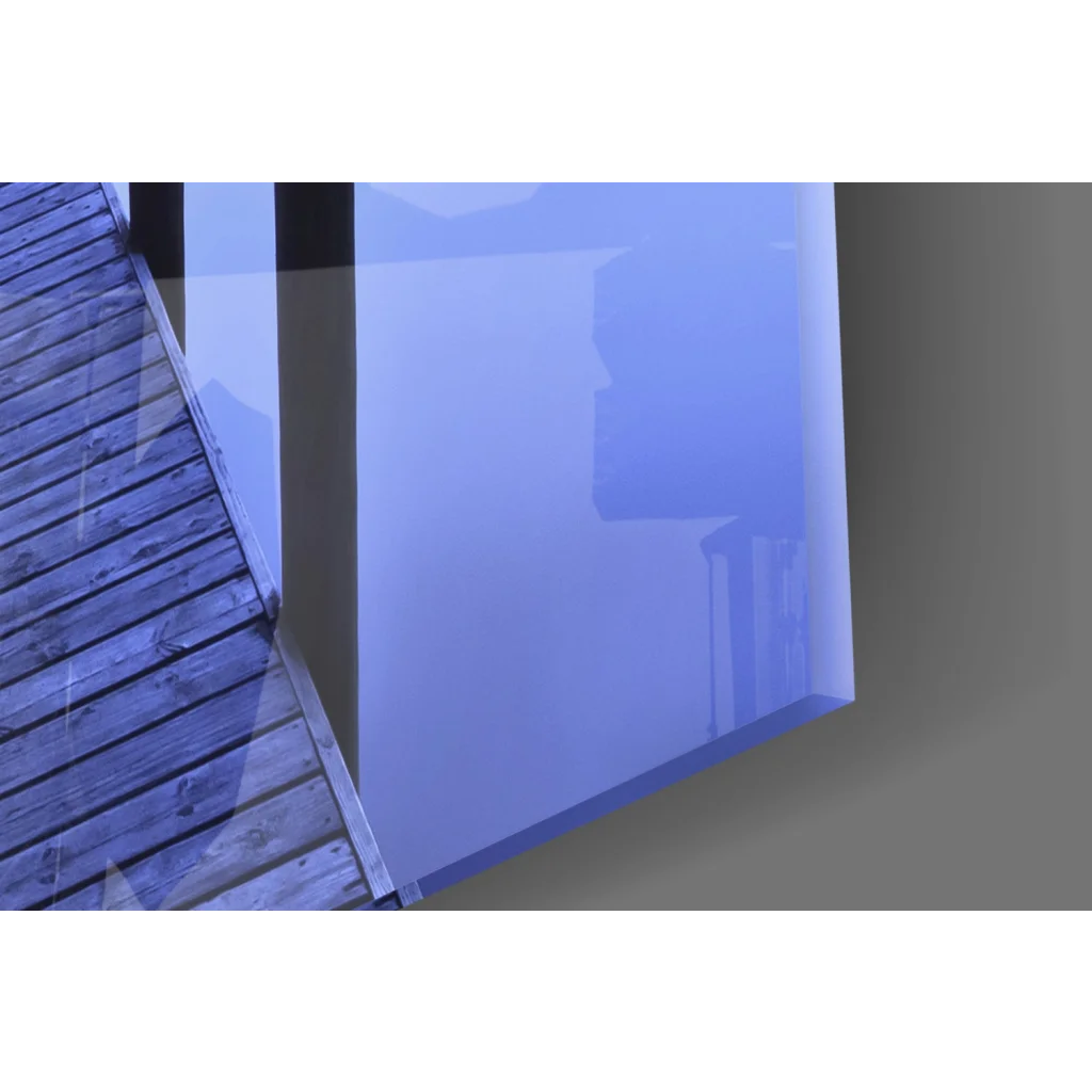 Twilight Pier glass wall art with blue-tinted window and wooden deck