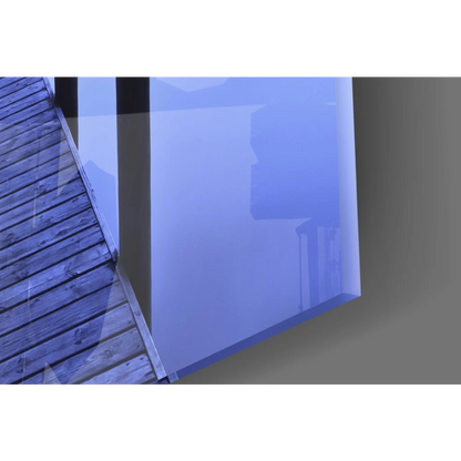 Twilight Pier glass wall art with blue-tinted window and wooden deck
