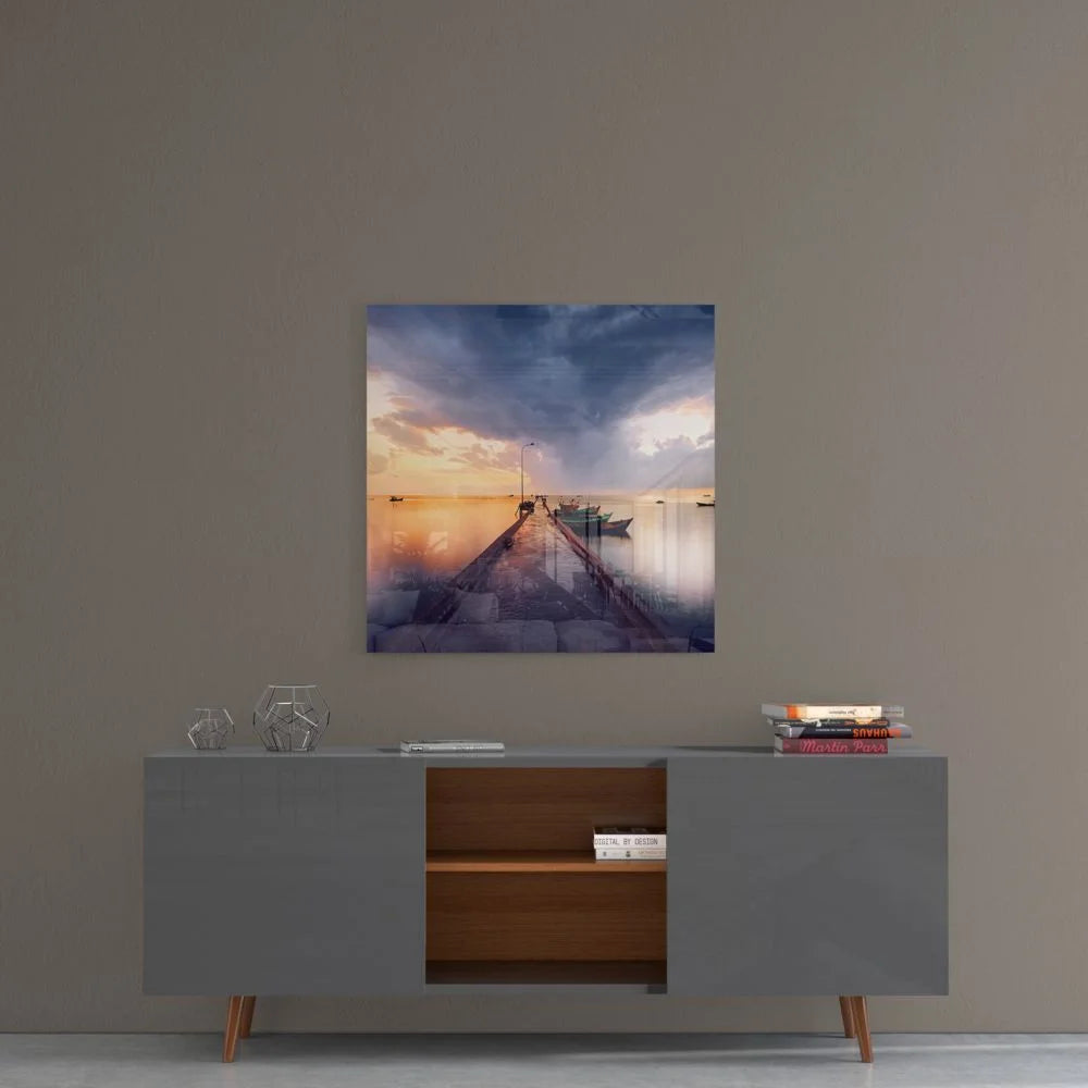 Stunning tempered glass art of serene harbor at dusk sunset
