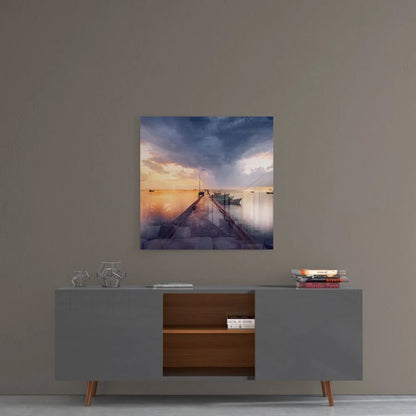 Stunning tempered glass art of serene harbor at dusk sunset
