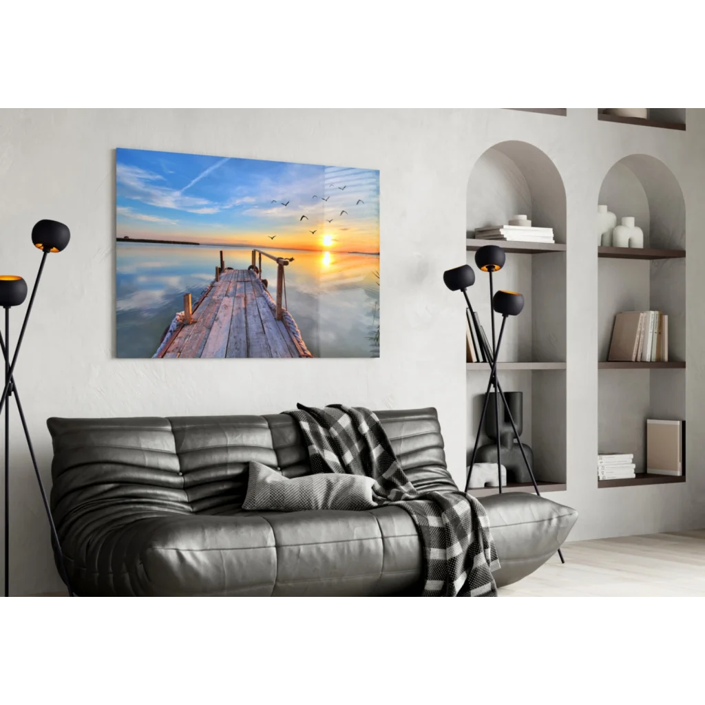 Sunset pier canvas wall art with birds flying over calm water