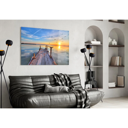 Sunset pier canvas wall art with birds flying over calm water
