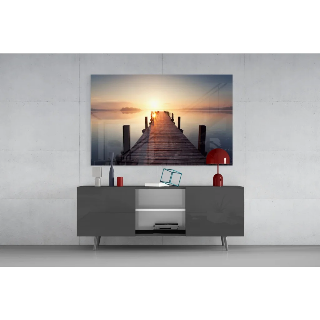 Stunning sunrise pier glass wall art with golden sunset reflections