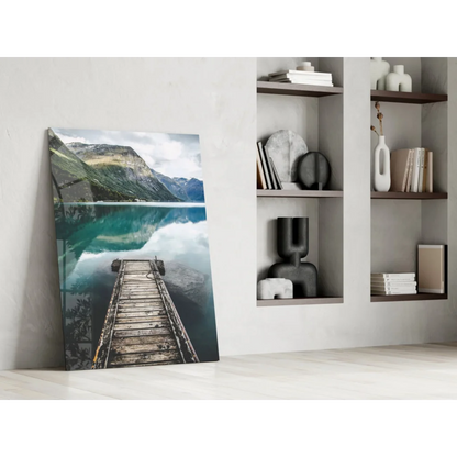 Tranquil dock glass wall art with serene mountain lake reflections
