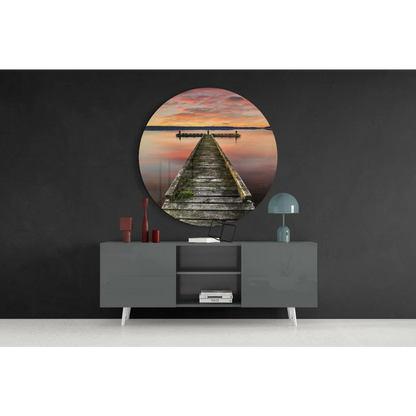 Sunset Dock Tempered Glass Art Circle | Contemporary Home Wall Art | vintageantiquesgifts.com
