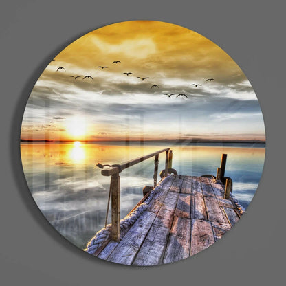 Stunning sunset dock tempered glass art with flying birds