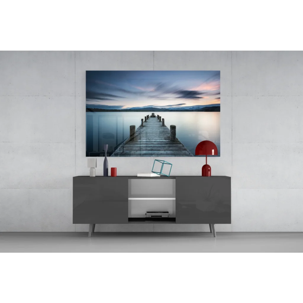 Serene twilight pier glass wall art print on blue-toned canvas