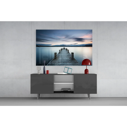 Serene twilight pier glass wall art print on blue-toned canvas