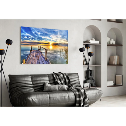 Vibrant sunset dock wall art canvas print with golden reflections