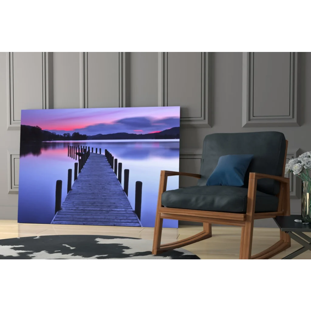 Serene twilight pier glass wall art with purple pink sunset reflections