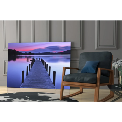 Serene twilight pier glass wall art with purple pink sunset reflections
