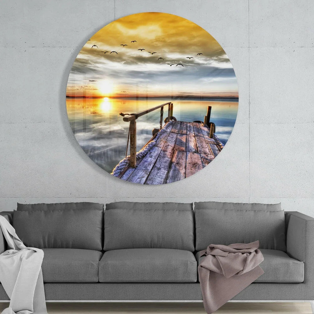 Stunning sunset dock tempered glass art with flying birds