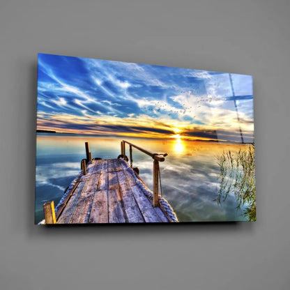 Vibrant sunset dock on glossy canvas wall art with golden reflections