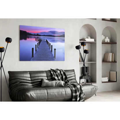 Twilight Pier glass wall art: wooden pier in calm water under purple pink skies