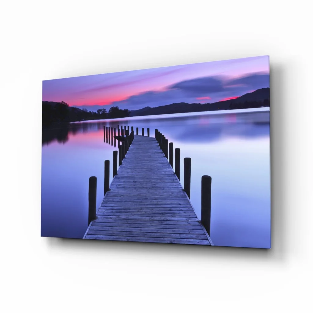 Serene twilight pier glass wall art with purple pink skies on dock