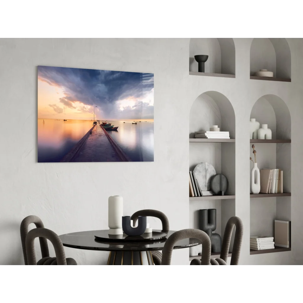 Stunning sunset marina glass wall art with vibrant sky colors