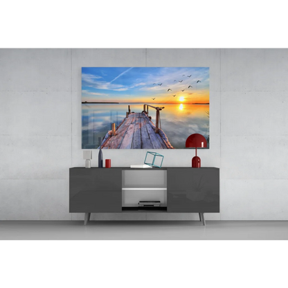 Vibrant sunset pier canvas wall art with flying birds on wooden dock