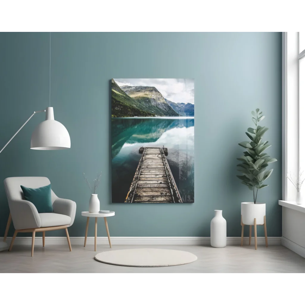 Tranquil dock glass wall art with turquoise water and mountain reflections