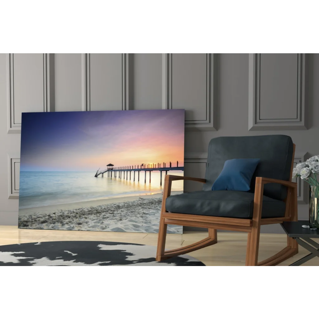 Serene sunset glass wall art on canvas with pier over calm waters