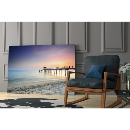 Serene sunset glass wall art on canvas with pier over calm waters