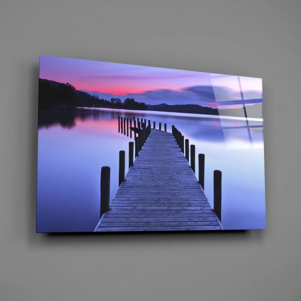 Serene twilight pier glass wall art in purple pink skies