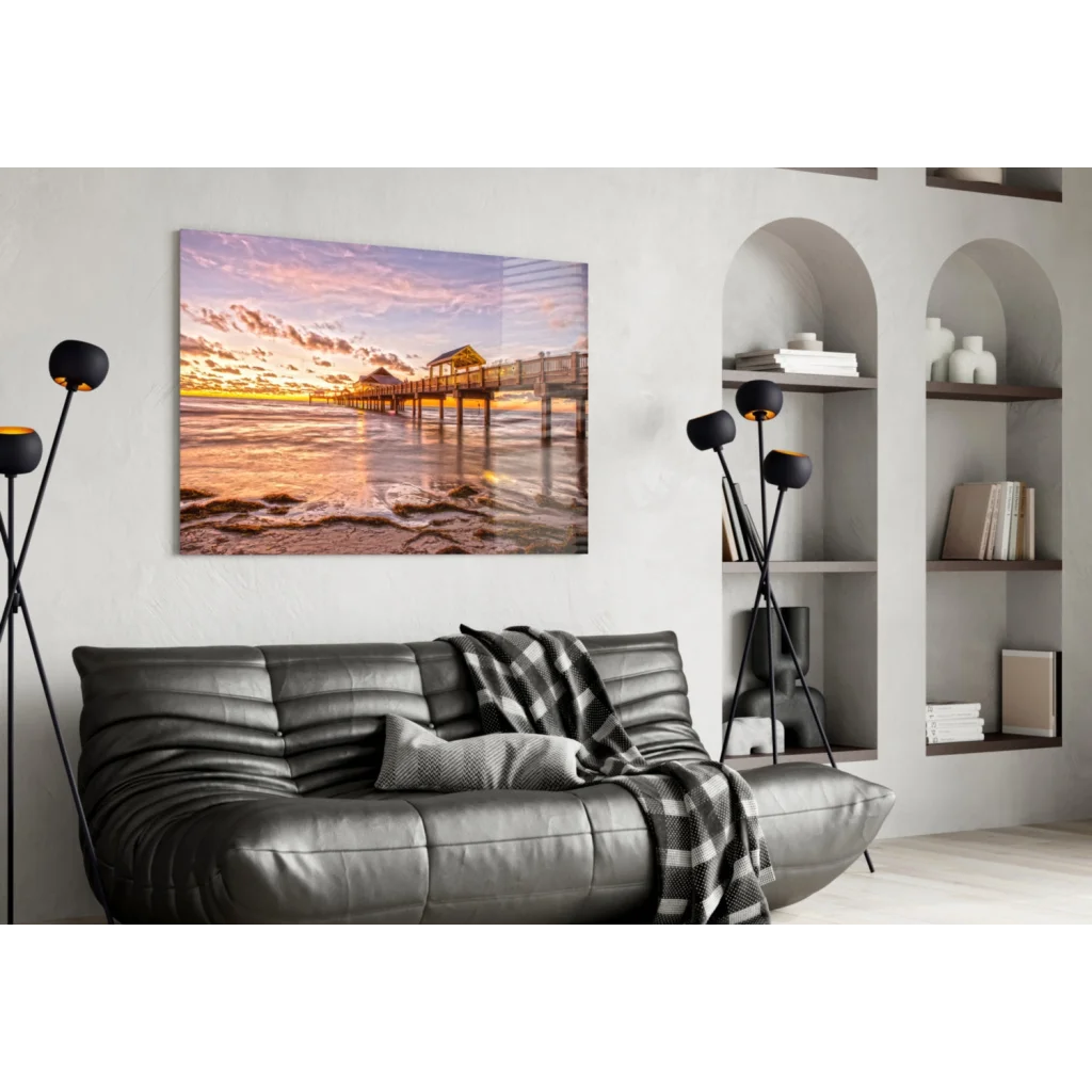 Vibrant sunset pier glass wall art canvas print on white wall