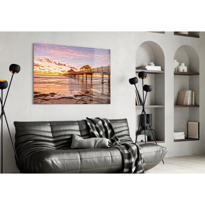 Vibrant sunset pier glass wall art canvas print on white wall