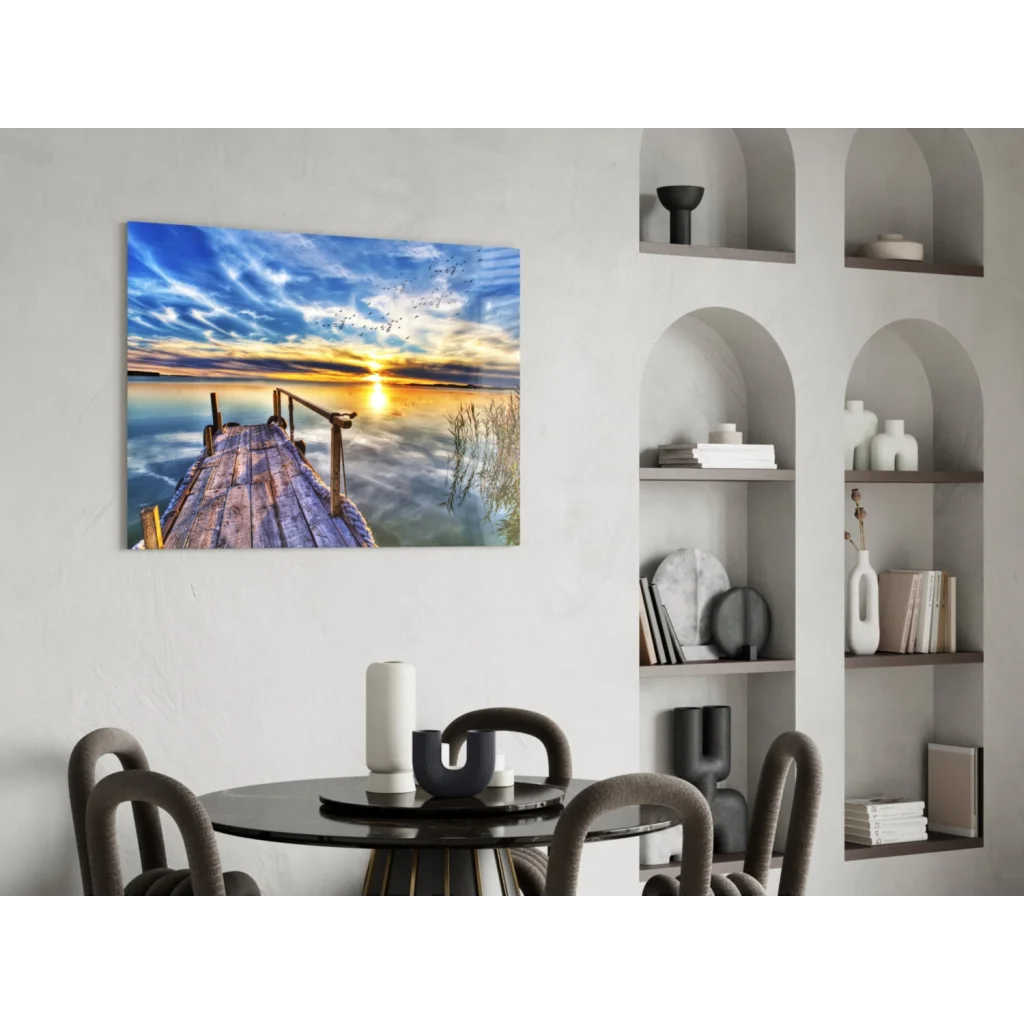 Sunset dock wall art with vibrant golden reflections in calm water