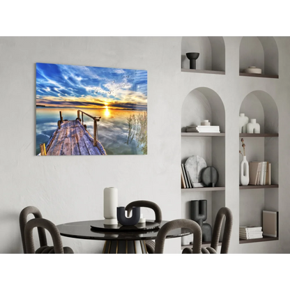 Sunset dock wall art with vibrant golden reflections in calm water