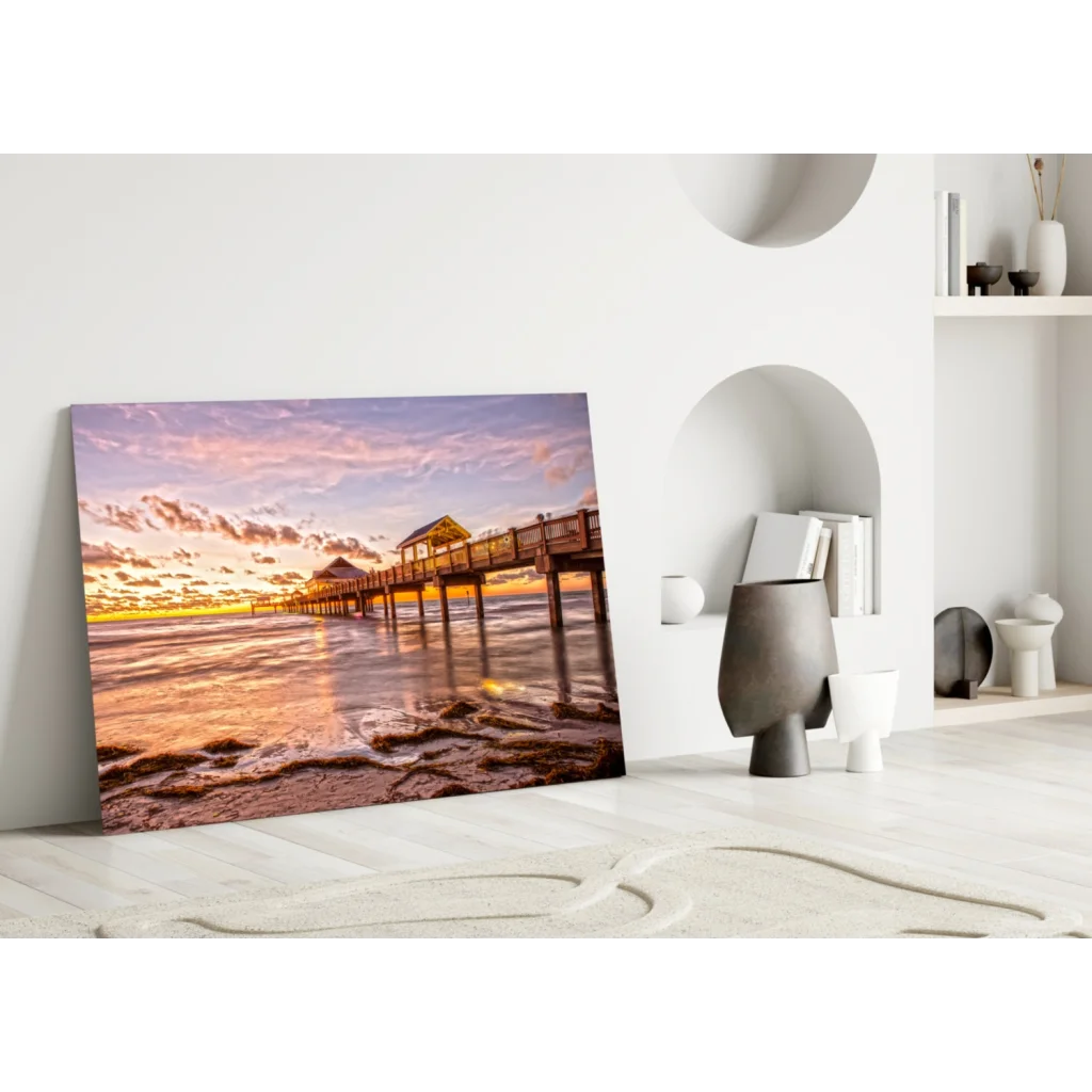 Vibrant sunset pier on glass wall art canvas print