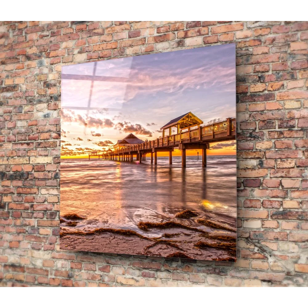 Stunning Sunset Pier Tempered Glass Art Print | Modern Wall Art Decor | vintageantiquesgifts.com