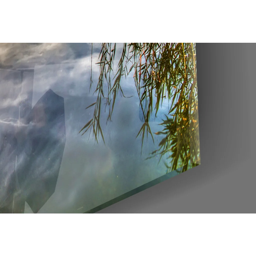 Vibrant sunset dock glass wall art with golden reflections and misty willow branches