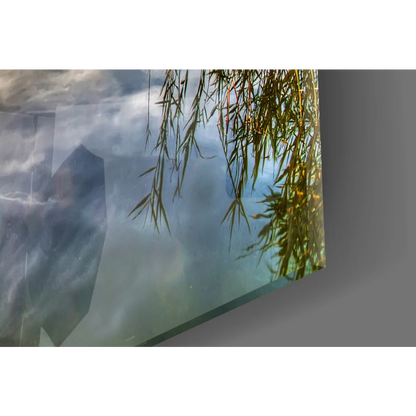 Vibrant sunset dock glass wall art with golden reflections and misty willow branches