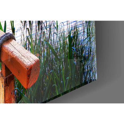 Rustic orange post with rope in stunning sunset glass wall art