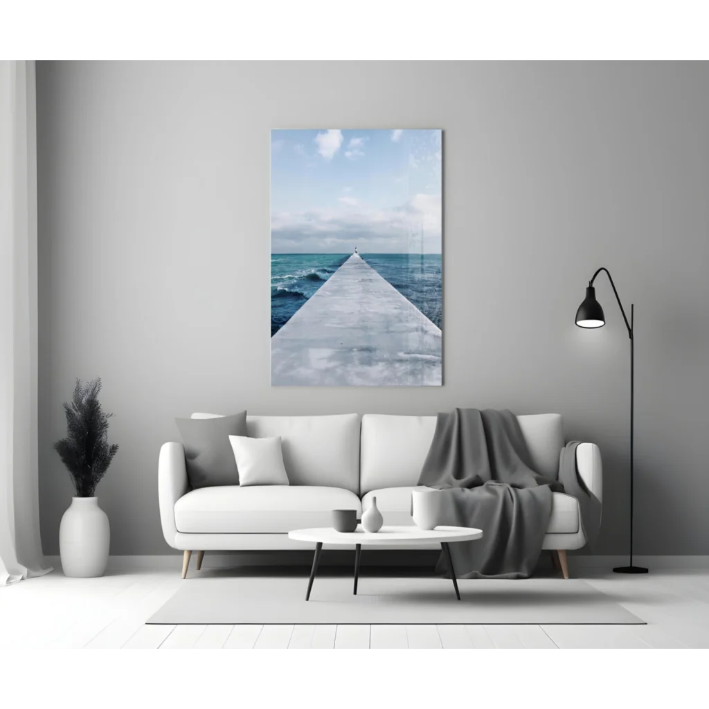 Stunning ocean pier glass wall art canvas print with serene view