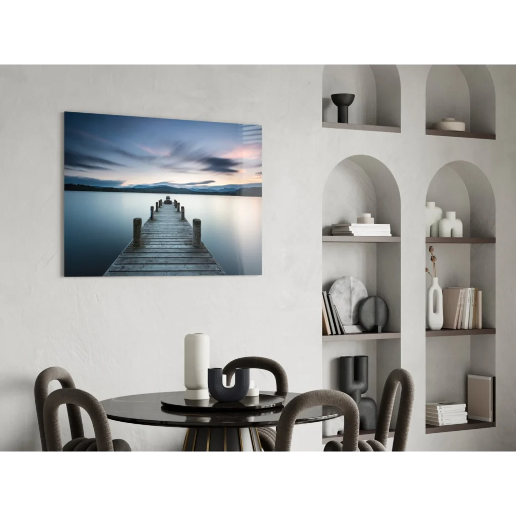 Serene twilight pier glass wall art print on blue gray canvas