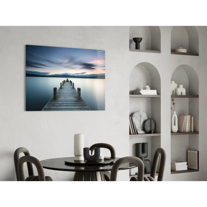 Serene twilight pier glass wall art print on blue gray canvas