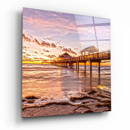 Stunning Sunset Pier Tempered Glass Art Print | Insigneart USA | vintageantiquesgifts.com