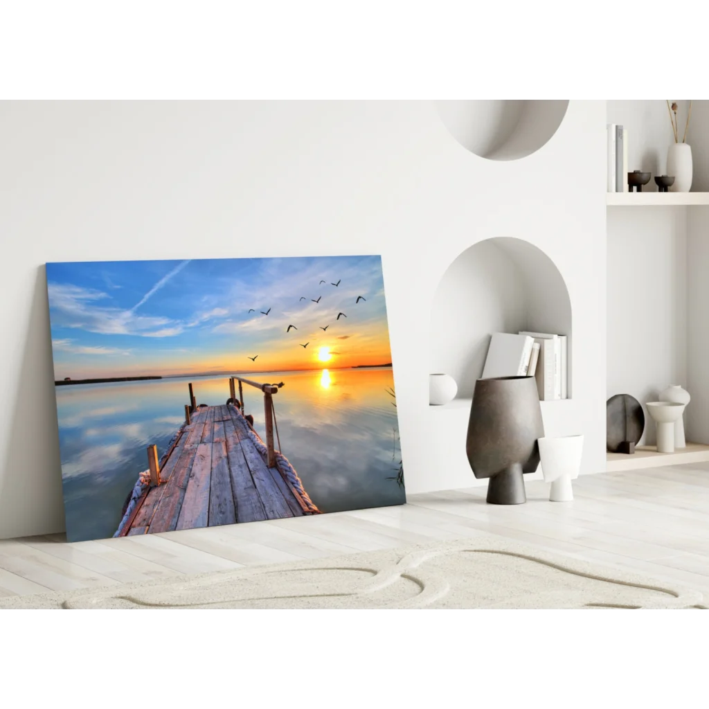 Serene sunset pier wall art canvas with flying birds