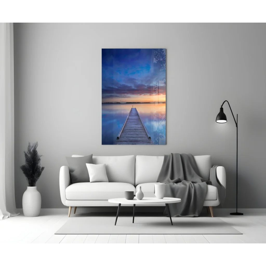Serene sunset pier glass wall art on rectangular canvas print