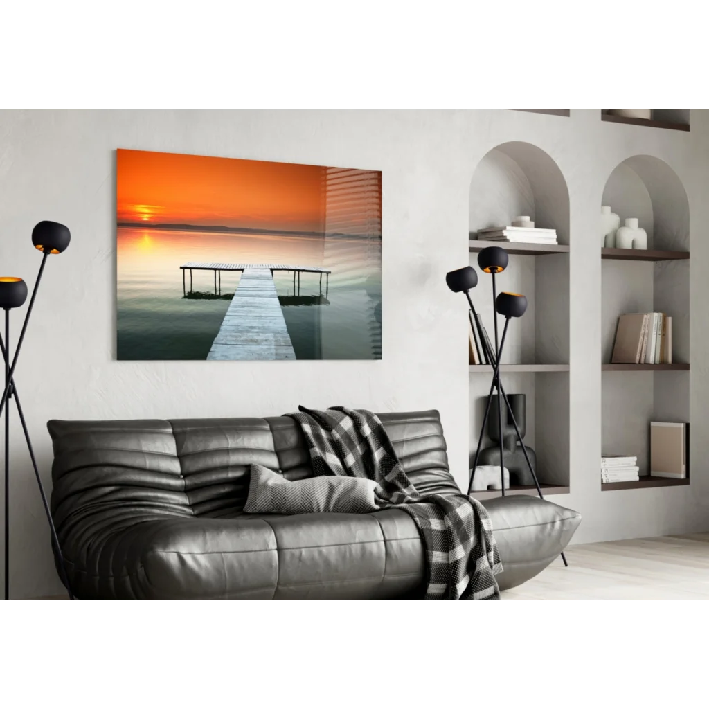 Serene sunset pier canvas wall art print in orange teal hues
